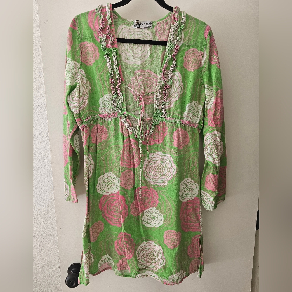 Mudpie "Bag Lady" semi-sheer swim cover-up pink green floral ruffles size MED